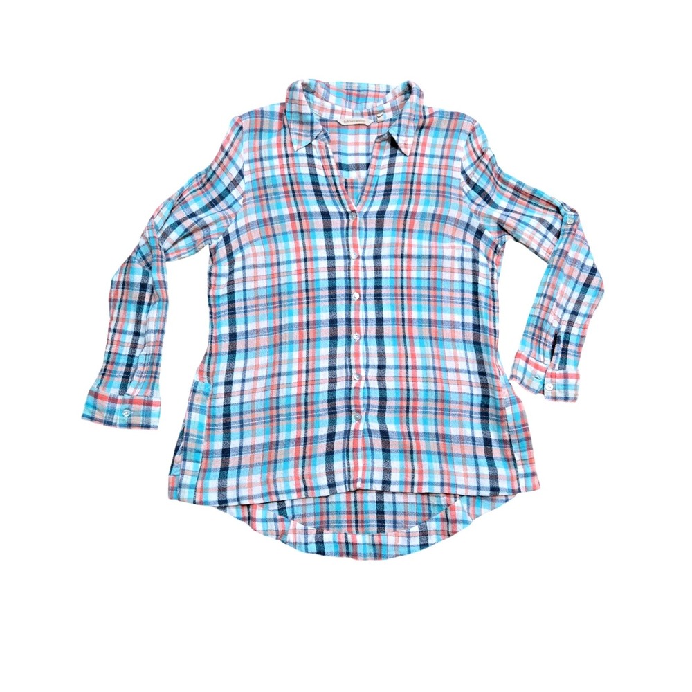 Soft Surroundings Blue Orange Plaid Button Front Roll Tab Sleeve Blouse Top PL